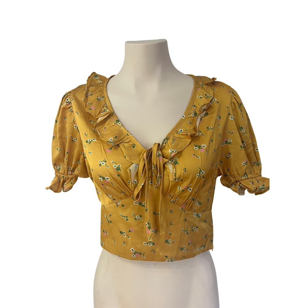 For Love Bell Mustard Yellow Floral Ruffle Tie Front Crop Top Puff Sleeve Large